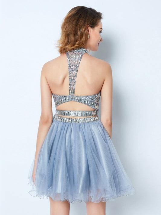 Beading Net A-Line/Princess High Short/Mini Sleeveless Neck Two Piece Dresses