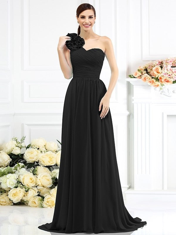 One-Shoulder Long A-Line/Princess Sleeveless Pleats Chiffon Bridesmaid Dresses