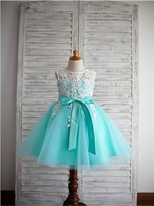 Tulle Gown Knee-Length Bowknot Sleeveless Ball Scoop Flower Girl Dresses