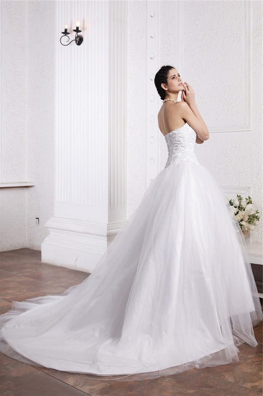 Ball Sweetheart Long Applique Gown Sleeveless Beading Net Wedding Dresses