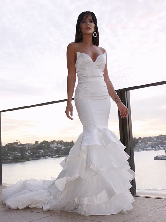 Satin Sweetheart Trumpet/Mermaid Sleeveless Layers Sweep/Brush Train Wedding Dresses