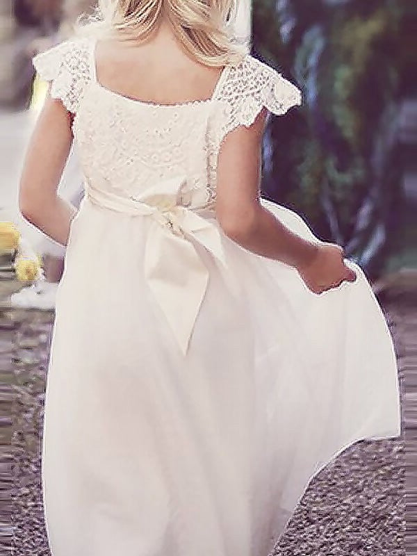 Lace Short Floor-Length Sleeves Square Chiffon A-line/Princess Flower Girl Dresses