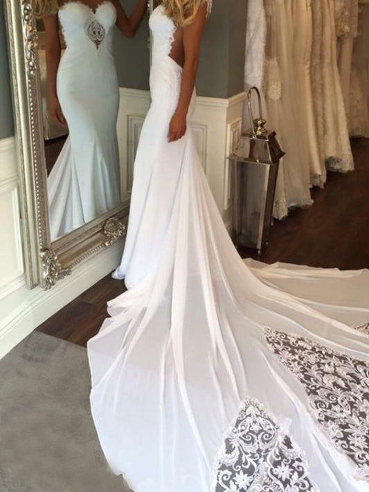 Sleeveless Cathedral Train Trumpet/Mermaid Applique Sweetheart Lace Wedding Dresses