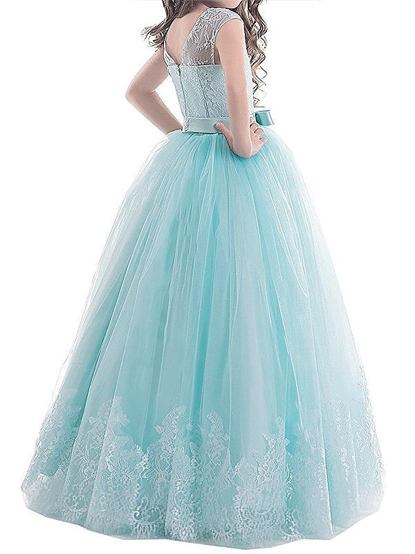 Tulle Jewel Ball Gown Floor-Length Sleeveless Bowknot Flower Girl Dresses