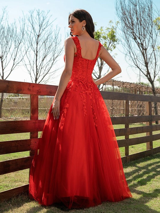 Tulle A-Line/Princess Off-the-Shoulder Applique Sleeveless Floor-Length Dresses