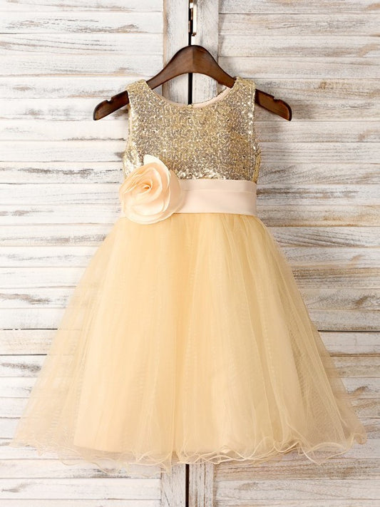 Flower Tulle Sleeveless Hand-Made Scoop A-Line/Princess Tea-Length Flower Girl Dresses