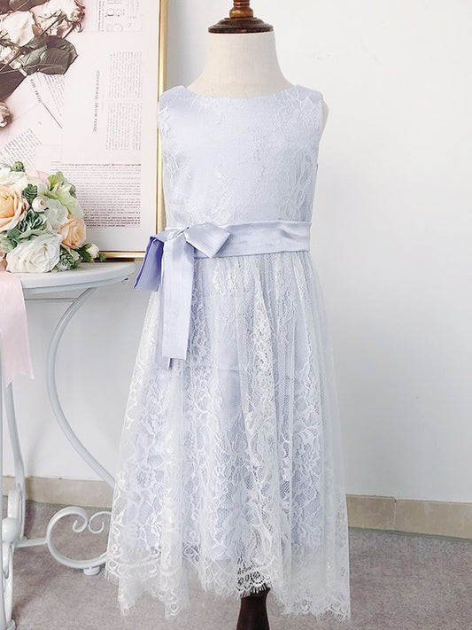 Lace Bowknot Sleeveless Scoop Tea-Length A-Line/Princess Flower Girl Dresses