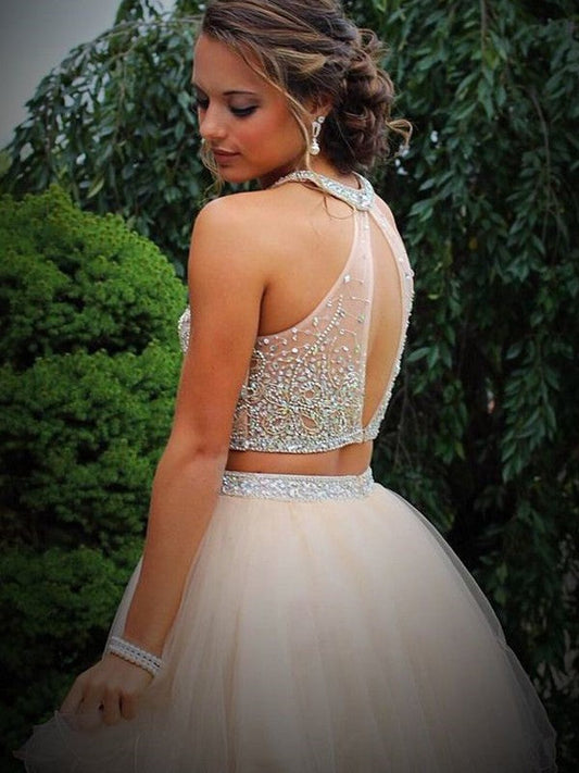 A-Line/Princess Scoop Beading Homecoming Dresses Sleeveless Short/Mini Tulle Two Piece Dresses Dayana