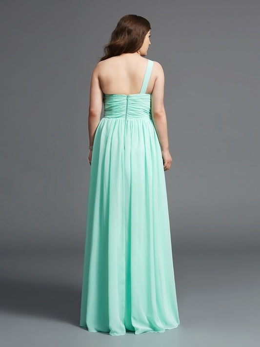 One-Shoulder Rhinestone Long Chiffon Sleeveless A-Line/Princess Plus Size Dresses