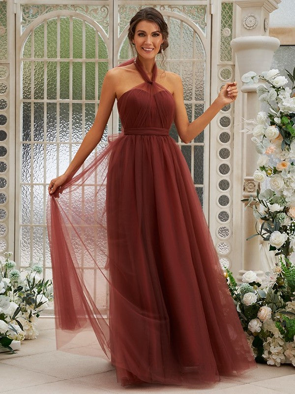 Sleeveless Halter Ruffles A-Line/Princess Tulle Floor-Length Bridesmaid Dresses