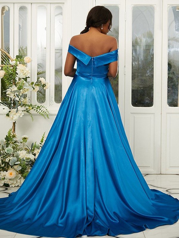 Sleeveless A-Line/Princess Ruffles Silk Off-the-Shoulder Satin Sweep/Brush like Train Bridesmaid Dresses