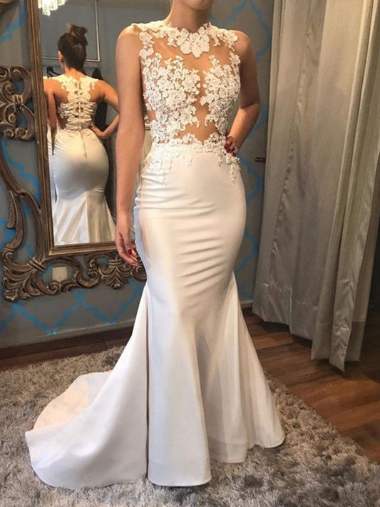 Court Scoop Trumpet/Mermaid Sleeveless Train Applique Satin Wedding Dresses