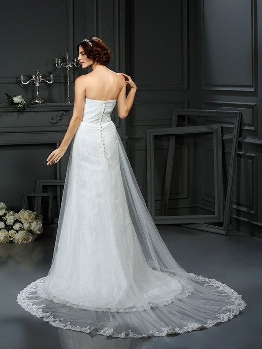 A-Line/Princess Sweetheart Long Sleeveless Pleats Net Wedding Dresses