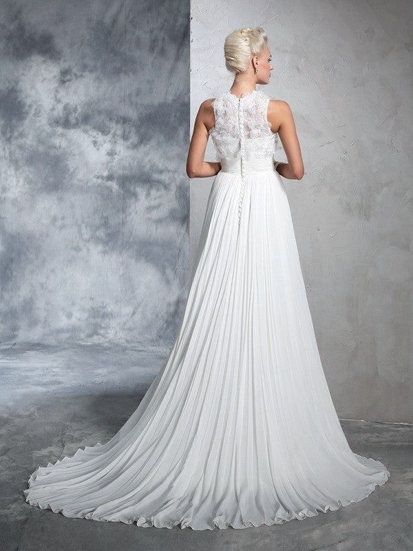 Long Sleeveless A-Line/Princess Neck Pleats High Chiffon Wedding Dresses