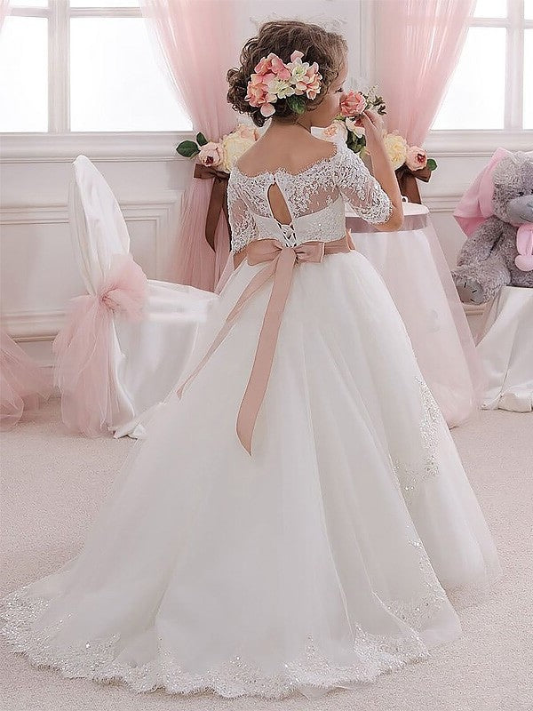 Short Sash/Ribbon/Belt Off-the-Shoulder Ball Sleeves Gown Tulle Flower Girl Dresses