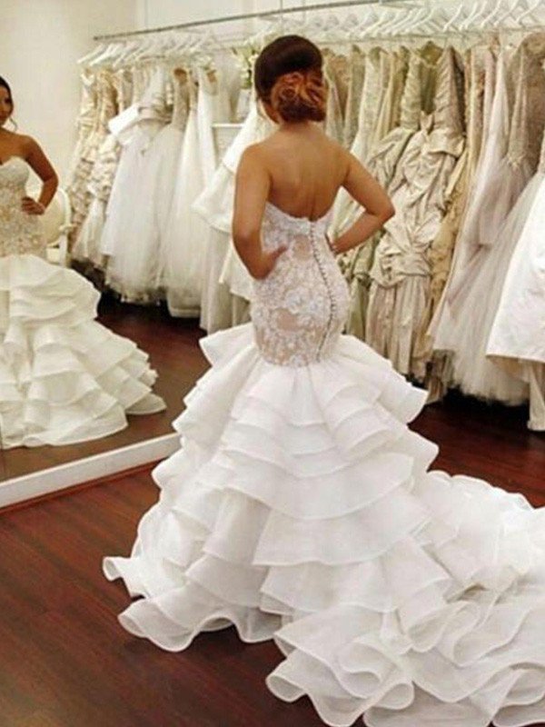 Train Sleeveless Applique Lace Trumpet/Mermaid Ruffles Chapel Sweetheart Organza Wedding Dresses