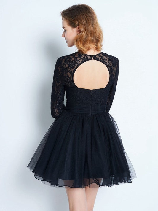 A-Line/Princess High Neck Long Sleeves Lace Short/Mini Homecoming Dresses Net Alicia Dresses