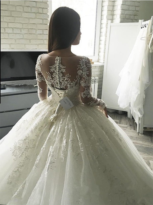 Sleeves Ball Scoop Applique Gown Long Court Tulle Train Wedding Dresses