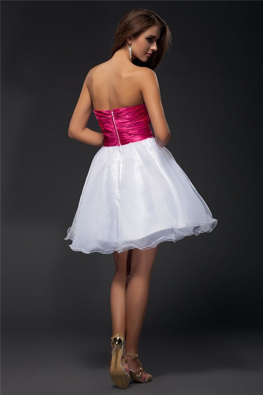 A-Line/Princess Strapless Sleeveless Beading Sash Homecoming Dresses Short Organza Lizeth Elastic Woven Satin Cocktail Dresses