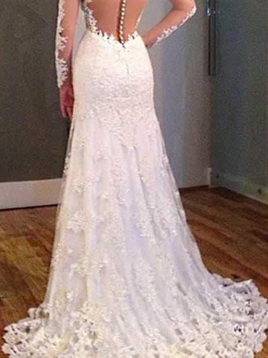 Trumpet/Mermaid Sleeves Long Applique V-neck Train Sweep/Brush Lace Wedding Dresses