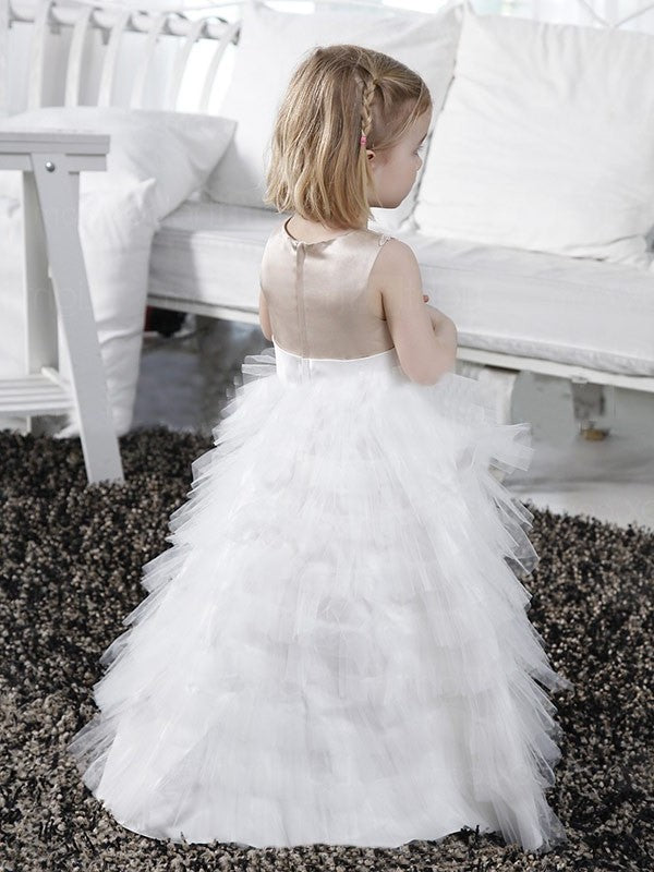 Sleeveless Long Bowknot A-line/Princess Tulle Scoop Flower Girl Dresses