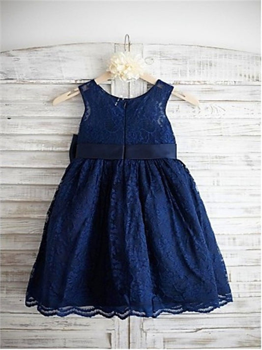 Scoop Tea-Length Bowknot Lace Sleeveless A-line/Princess Flower Girl Dresses