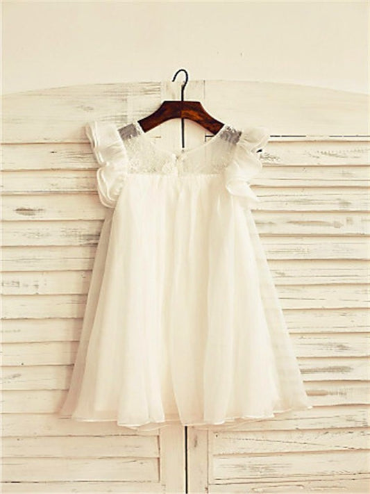 Chiffon Lace Scoop Short Tea-Length A-line/Princess Sleeves Flower Girl Dresses