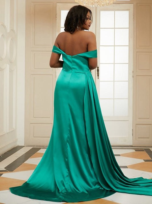 Satin Silk Ruffles Sheath/Column like Sleeveless Off-the-Shoulder Sweep/Brush Train Dresses