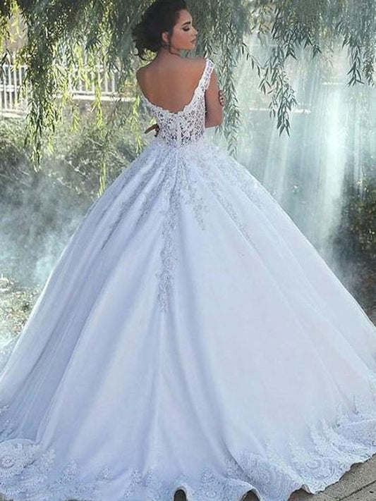 Gown Scoop Sleeveless Lace Ball Train Sweep/Brush Satin Wedding Dresses