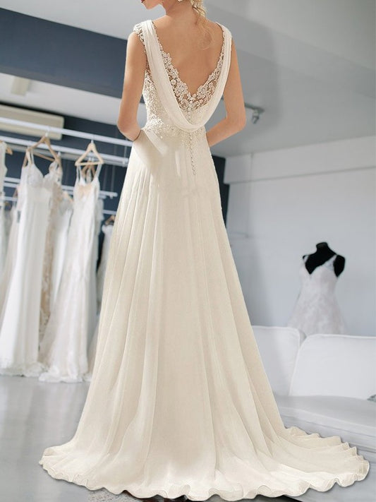 V-neck Floor-Length Sleeveless Empire Lace Chiffon Wedding Dresses