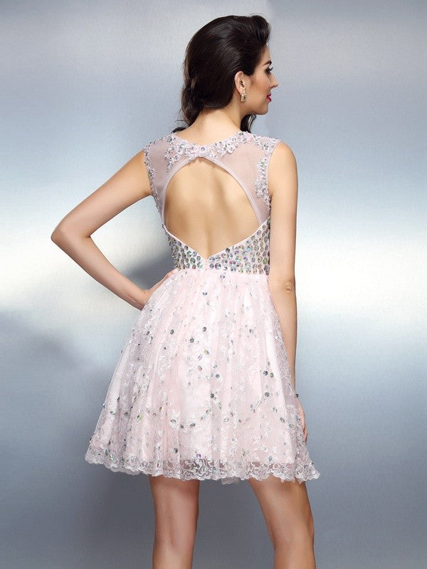 A-Line/Princess Bateau Delaney Beading Sleeveless Short Homecoming Dresses Satin Cocktail Dresses