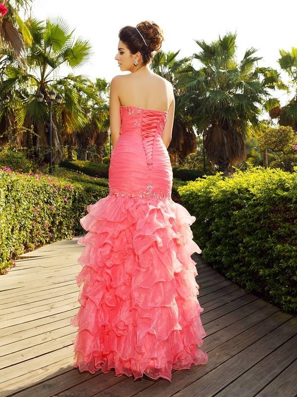 Beading Sleeveless Strapless Trumpet/Mermaid Long Organza Dresses