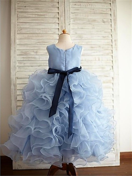 Organza Floor-Length Gown Scoop Sleeveless Ball Ruffles Flower Girl Dresses