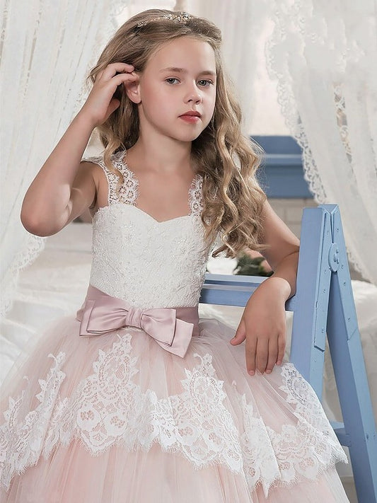 Bowknot Gown Ball Tulle Sleeveless Floor-Length Sweetheart Flower Girl Dresses