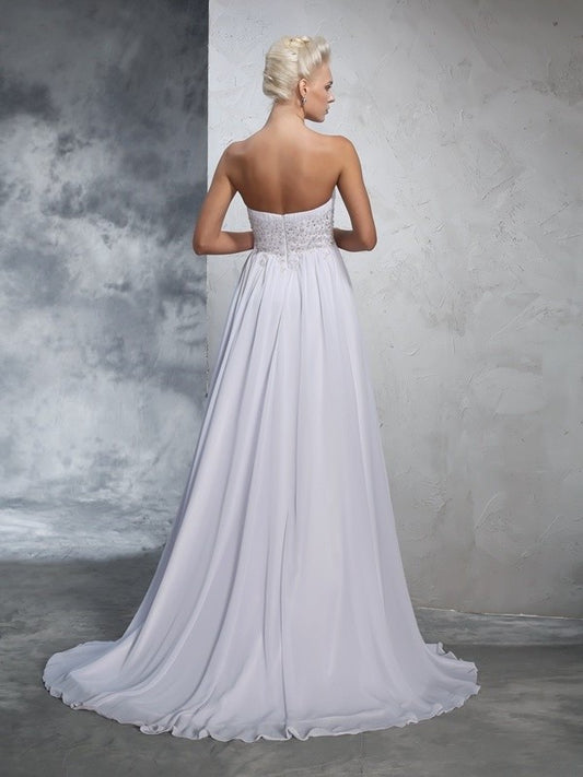 Sweetheart Beading Sleeveless A-Line/Princess Long Chiffon Wedding Dresses