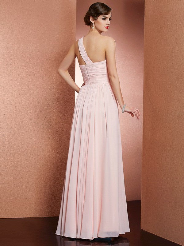 A-Line/Princess Sleeveless Pleats One-Shoulder Long Chiffon Dresses