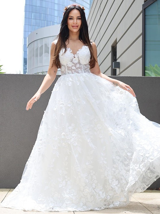 V-neck Applique Sleeveless A-Line/Princess Tulle Floor-Length Wedding Dresses