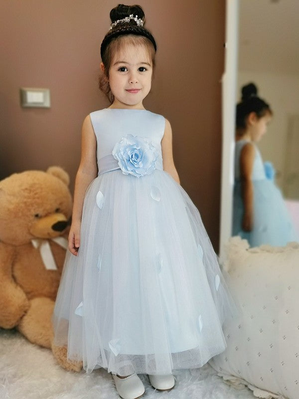 Flower Sleeveless Ankle-Length Tulle Hand-Made Scoop A-Line/Princess Flower Girl Dresses