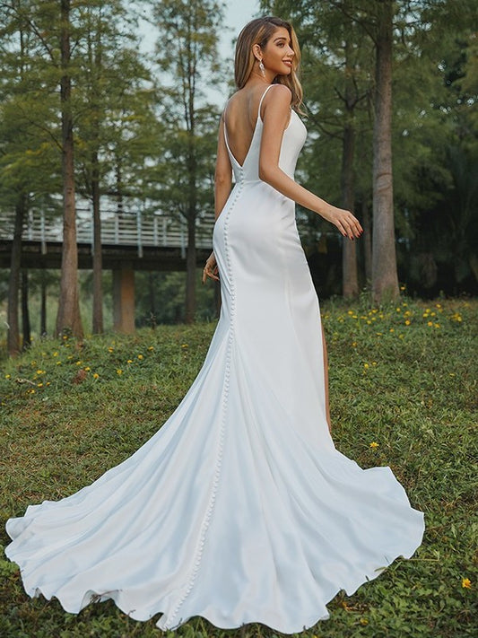 Charmeuse Straps Ruched Spaghetti Sheath/Column Sweep/Brush Sleeveless Train Wedding Dresses