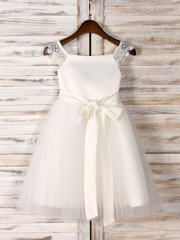 Sleeveless A-Line/Princess Tulle Sash/Ribbon/Belt Tea-Length Scoop Flower Girl Dresses