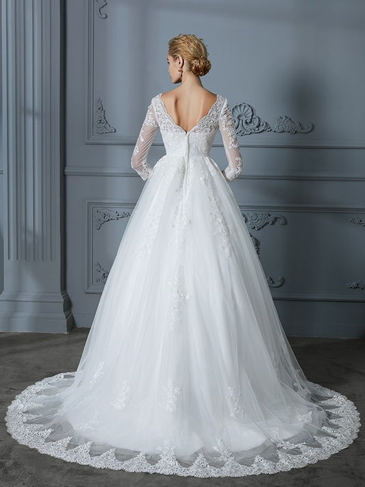 Lace V-neck Ball Court 3/4 Sleeves Train Gown Tulle Wedding Dresses