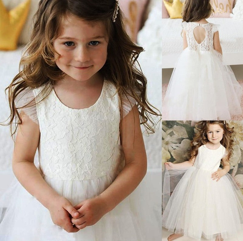 Lace Floor-Length Tulle Short Sleeves Scoop A-Line/Princess Flower Girl Dresses