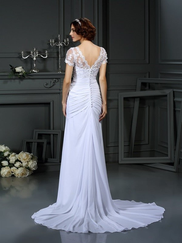 Sheath/Column Lace V-neck Sleeves Long Short Chiffon Wedding Dresses