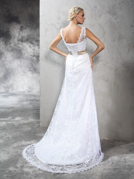 Sleeveless Sheath/Column Neck Long Flower Sheer Hand-Made Satin Wedding Dresses