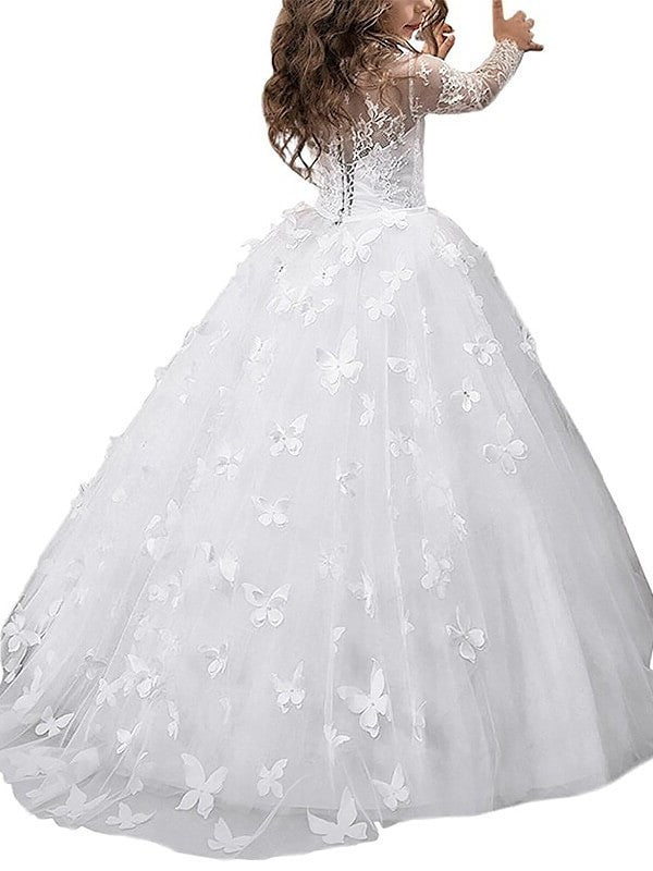 Gown Ball Floor-Length Scoop Long Sleeves Tulle Flower Girl Dresses