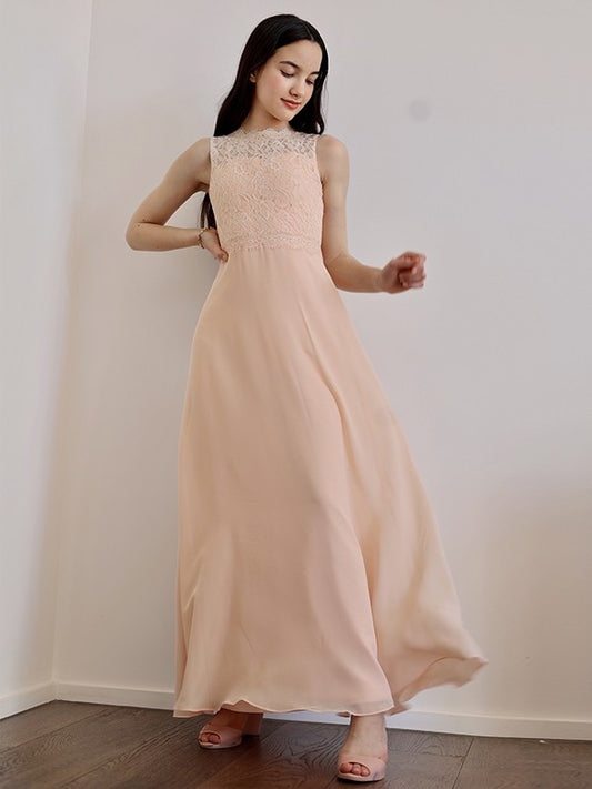 A-Line/Princess Floor-Length Lace Chiffon High Sleeveless Neck Junior/Girls Bridesmaid Dresses