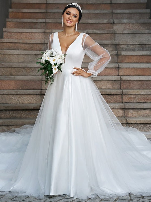 Long V-neck Court Tulle Ruffles Sleeves A-Line/Princess Train Wedding Dresses