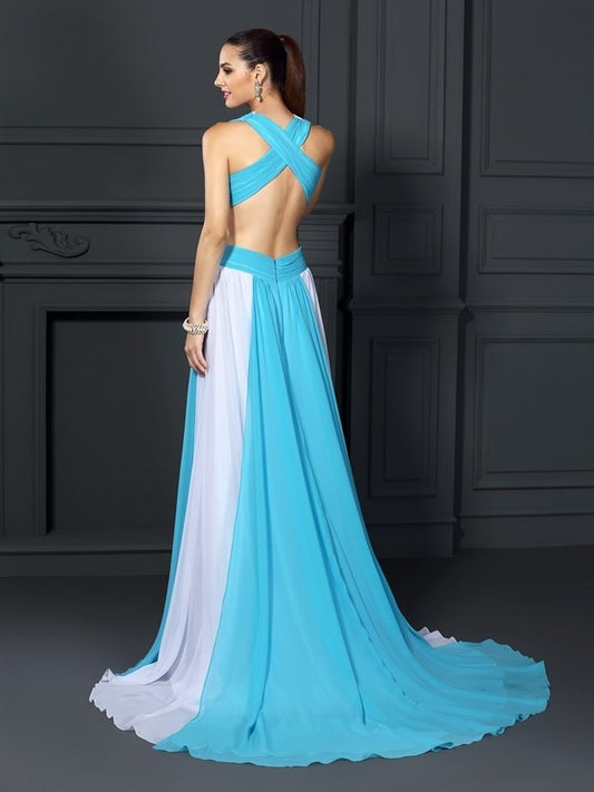 Sleeveless Halter Ruffles A-Line/Princess Long Chiffon Dresses