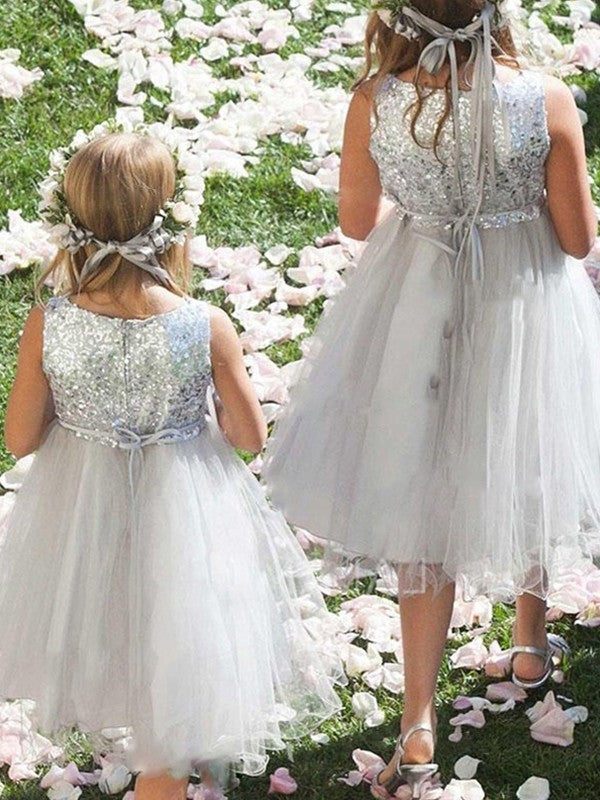 Tea-Length Scoop Sleeveless Hand-Made Tulle Flower A-Line/Princess Flower Girl Dresses