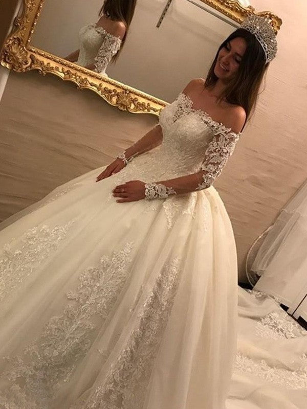 Long Off-the-Shoulder Applique Gown Ball Sleeves Cathedral Train Tulle Wedding Dresses